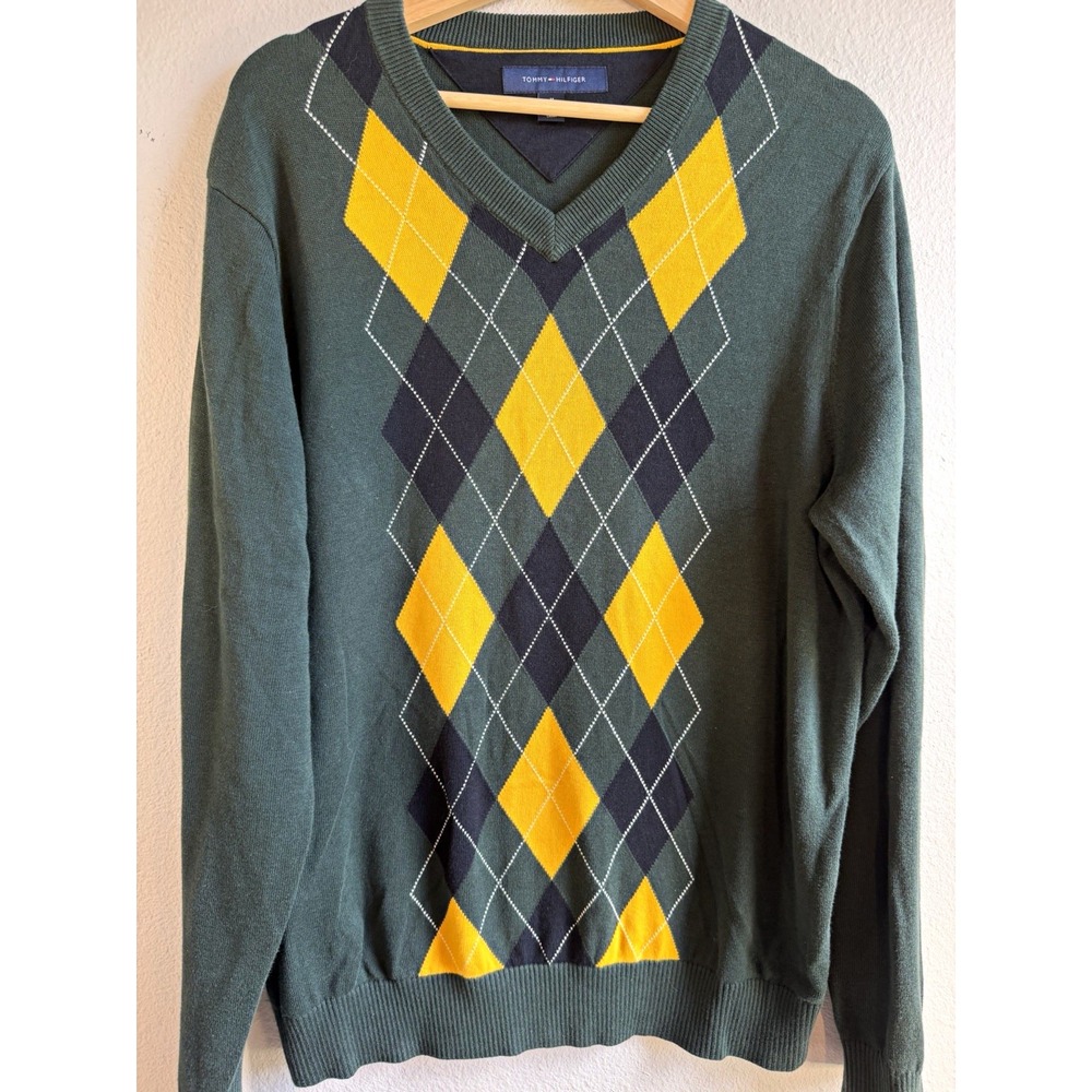 Tommy Hilfiger Men's Green Argyle V-Neck Cotton Knit Logo Sweater Size Medium